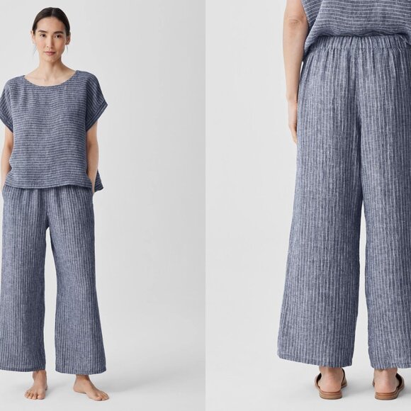 Eileen Fisher Pants - EILEEN FISHER puckered organic linen wide-leg pants in ocean (XS)